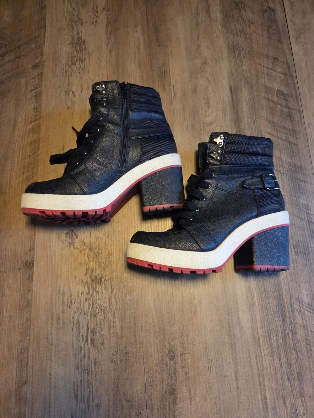Black Platform Lace-Up Ankle Boots with White And Red Accent Sole